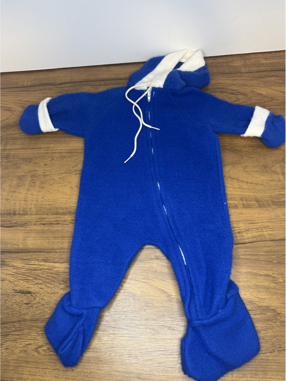 Vintage Baby Fleece One-Piece Blue & White Footed Zip-Front Outfit 0–9 Months